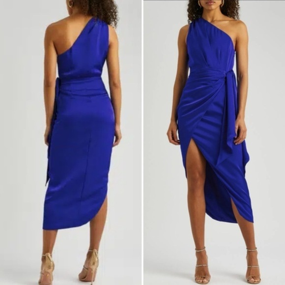 MISHA BROOKS SATIN COBALT BLUE ONE SHOULDER DRESS SIZE MEDIUM - Picture 1 of 16